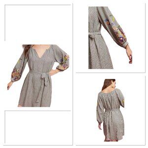 ANTHROPOLOGIE Feather Bone Lindsey Striped Embroidered Shift‎ Dress Small Boho